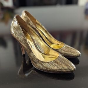 ANTONIO MELANI Gold Black Patent Leather Classic Stiletto Heels Sz 6